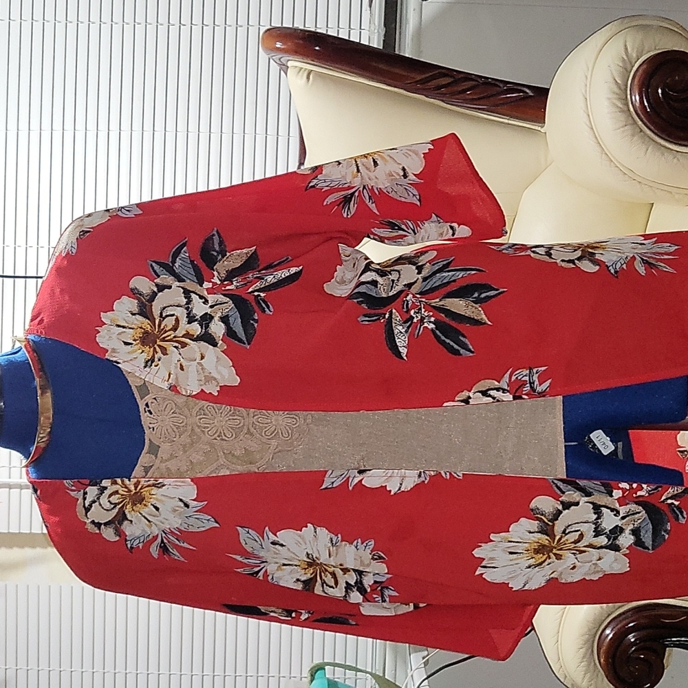 Soho Girls Red Kimono, Floral Coverup , Tunic Open Cardigan